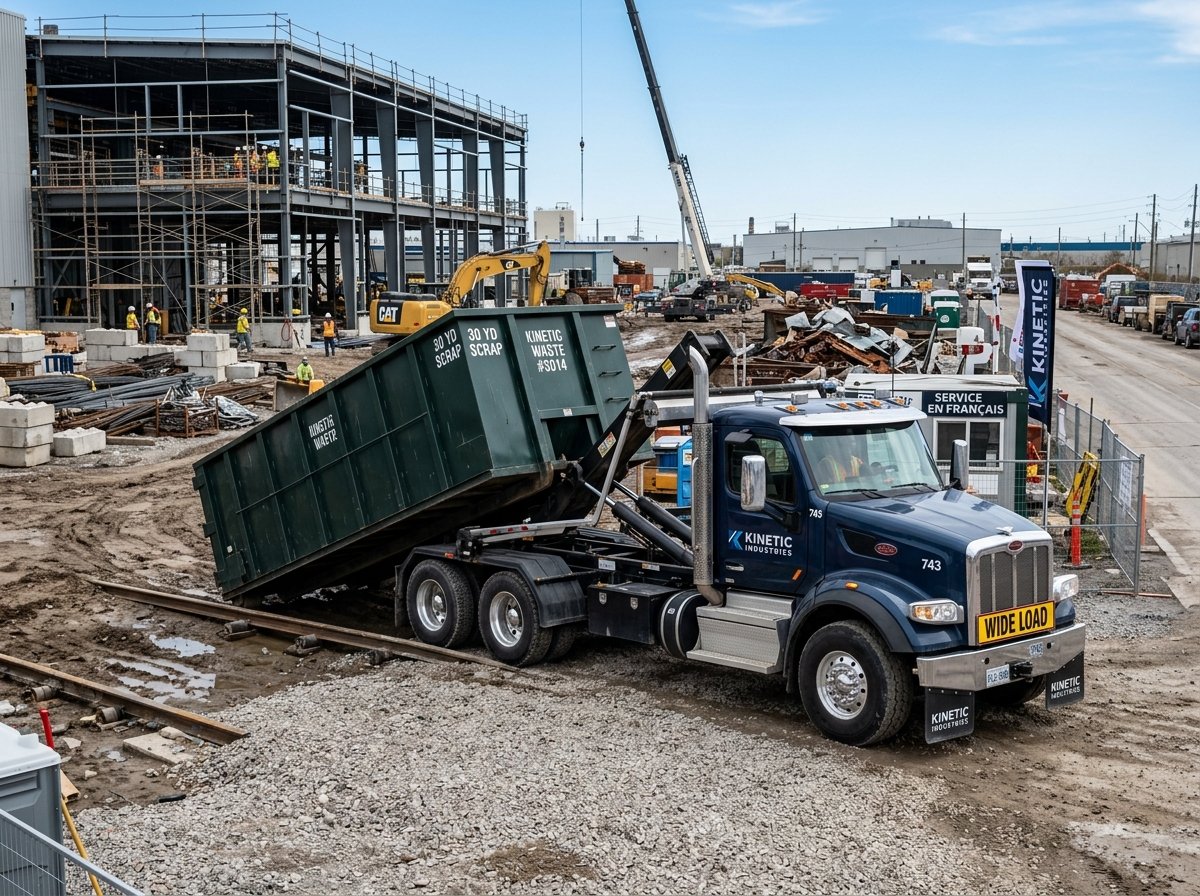 Roll-off truck delivering a scrap metal container to a job site