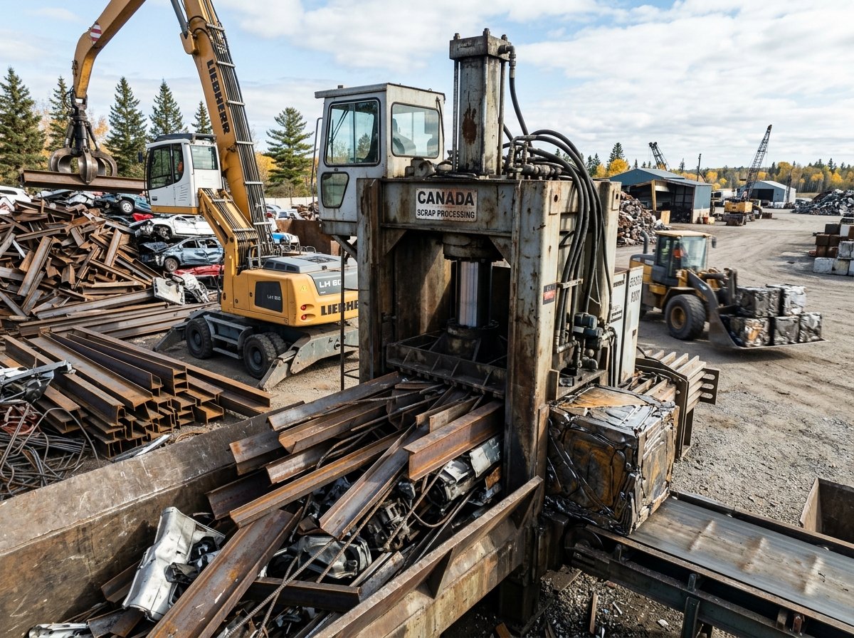 Hydraulic baler compressing structural steel scrap